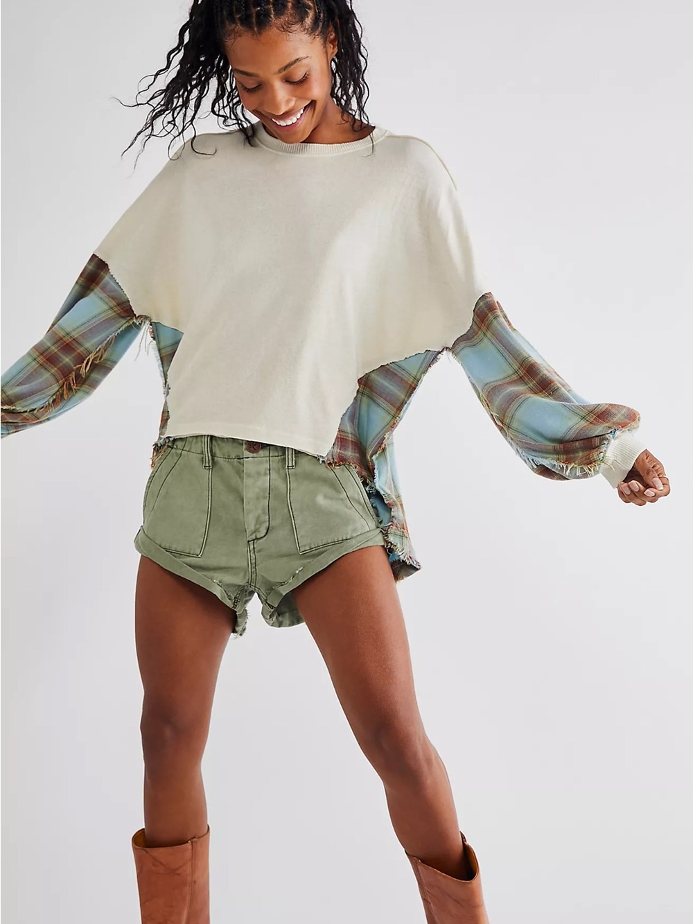 We The Free Cream Pullover with Blue-Brown Plaid Sleeves